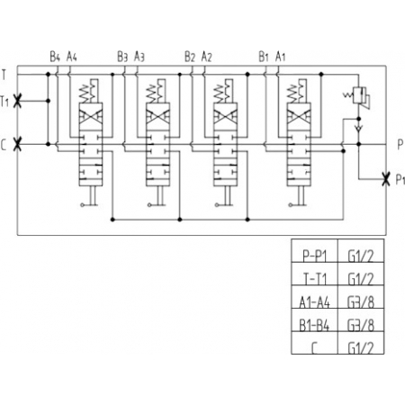 ROZDZIELACZ HYDR. 4SEKCJE 40L 4x ZATRZASK + PRZYŁĄCZA